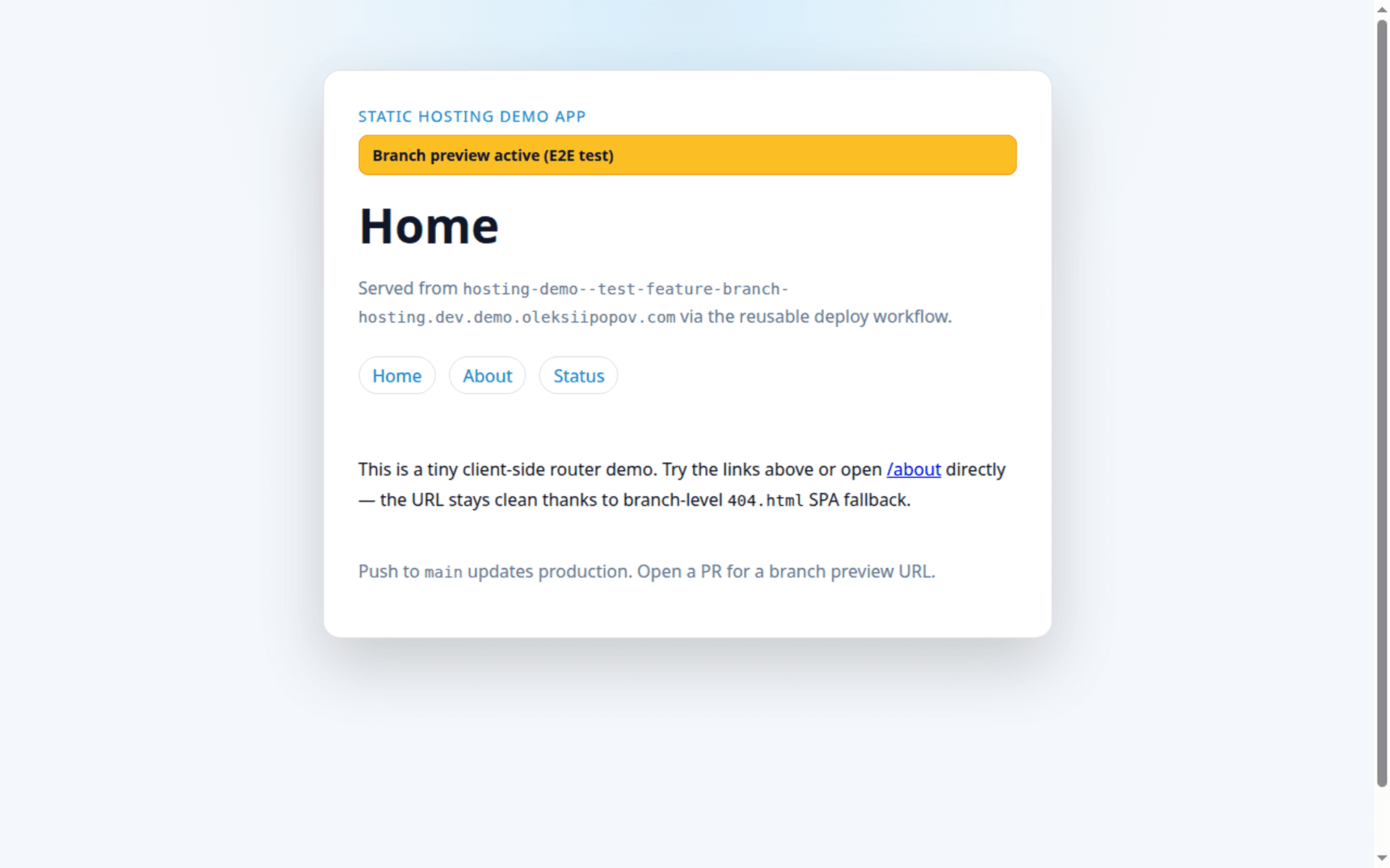 Branch preview of hosting-demo with E2E badge