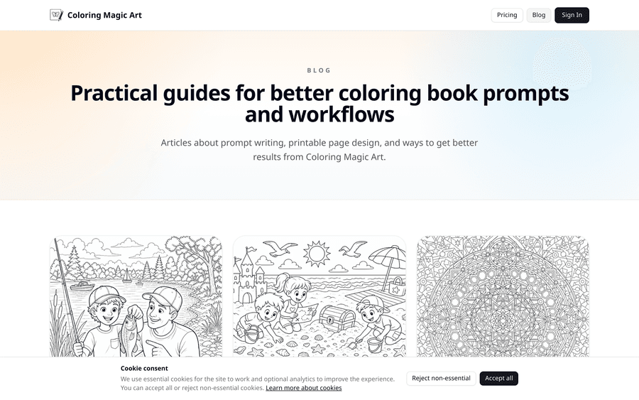 Blog listing page with coloring guides and sample downloads