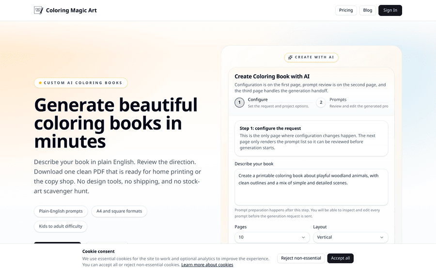 Coloring Magic Art homepage with AI coloring book generator